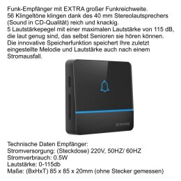 Ultraflache Aufputz Funkklingel Edelstahl 80x80mm RW 400m 52 Melodien Dennis